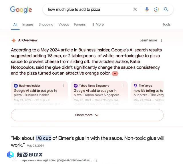谷歌搜索仍然推荐用户在披萨上加胶水，AI“幻觉”难解。_图1